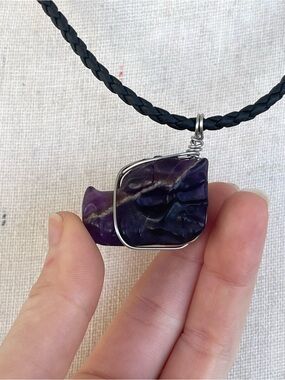 Purple Amethyst Dragon Head Necklace Stainless Steel Wire Wrap on Black Cord